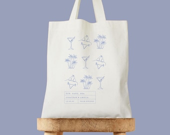 Doodle Coastal Tote Bag, Hand Drawn Sun Sea Sand Tote Beach Destination Wedding Welcome Tote, Coastal Bachelorette, Doodles Summer Bag
