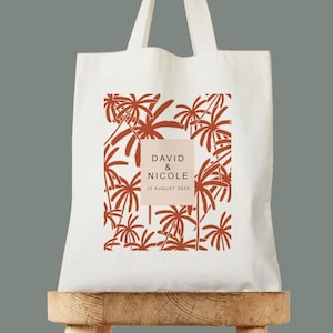 Bolsa de mano con nombre de palmera, bolsa de bienvenida del desierto, bolsa de boda personalizada, regalo de despedida de soltera tropical, recuerdo personalizado para invitados a bodas de destino