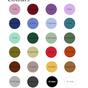 May include: A color chart labeled "Colours" with 24 numbered color swatches. Colors include pink, aubergine, purple, lilac, dark blue, blue, light blue, teal, mint, dark green, light green, olive green, khaki green, light khaki, red, orange, dark brown, taupe, yellow, gold brown, light grey, dark grey, black, and white.