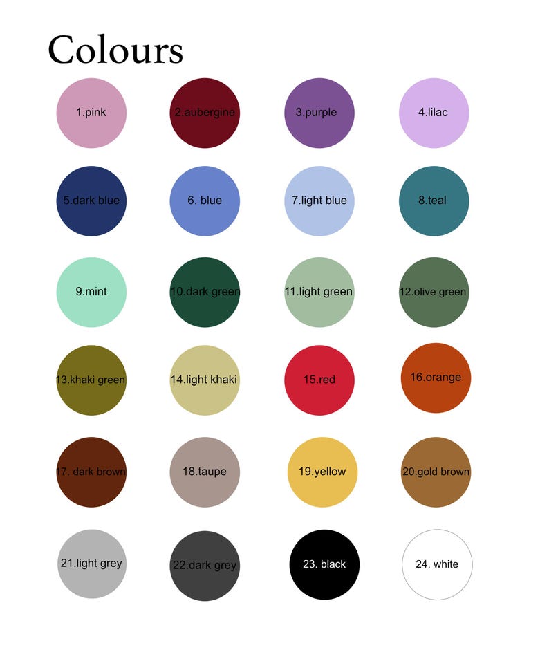 May include: A color chart labeled "Colours" with 24 numbered color swatches. Colors include pink, aubergine, purple, lilac, dark blue, blue, light blue, teal, mint, dark green, light green, olive green, khaki green, light khaki, red, orange, dark brown, taupe, yellow, gold brown, light grey, dark grey, black, and white.