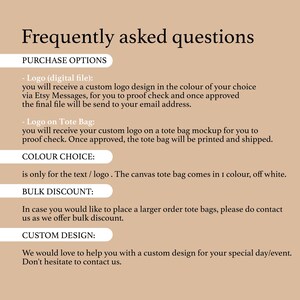 May include: A beige graphic with the text "Frequently asked questions" in black. The text details purchase options for custom logo designs and tote bags, color choices, bulk discounts, and custom design services. Contact information is included.