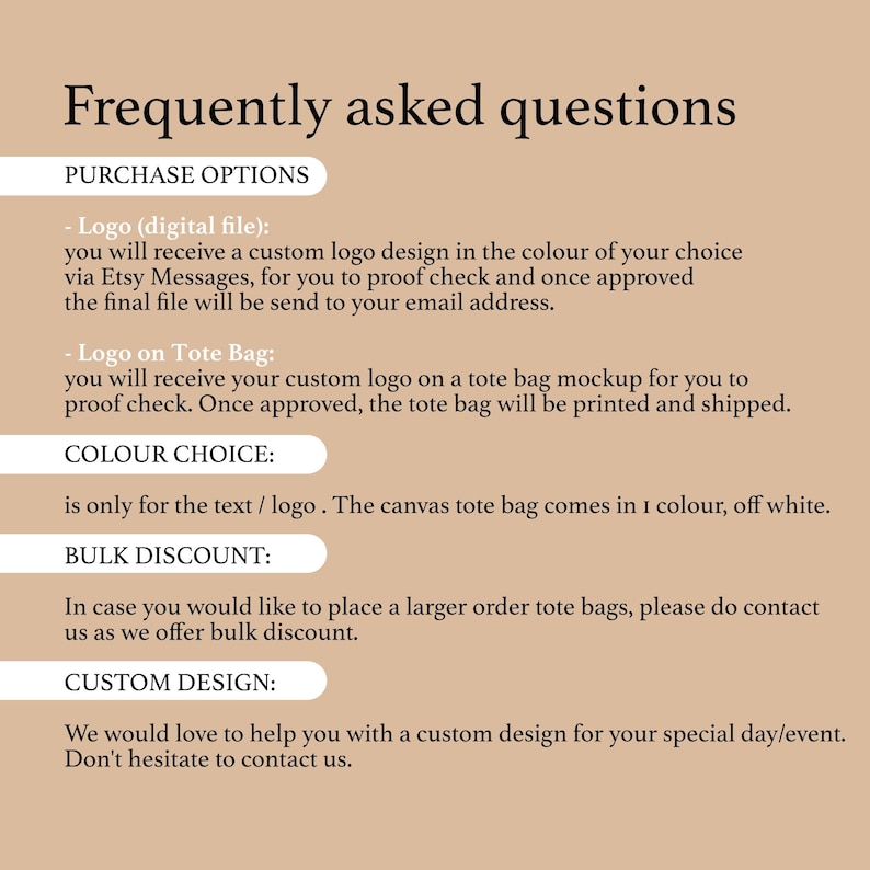 May include: A beige graphic with the text "Frequently asked questions" in black. The text details purchase options for custom logo designs and tote bags, color choices, bulk discounts, and custom design services. Contact information is included.