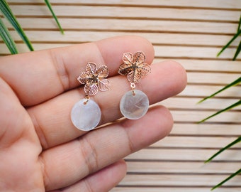 Sampaguita Filigree Studs with Dainty Capiz Shell Charm | Real Platinum or 18K Gold Plated | Nickel-Free | Filipino Gift | Minimal | Pinay