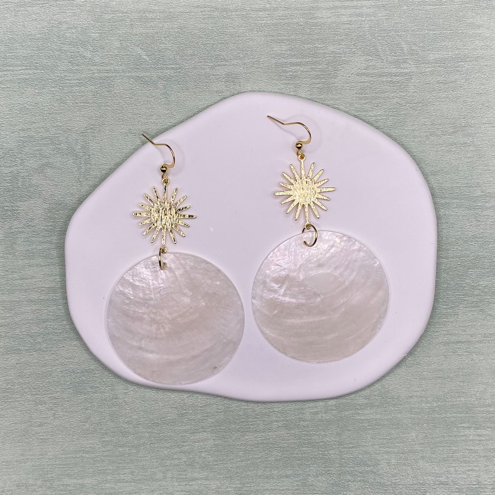 Capiz Shell Drop Earrings: 18K Gold Sun Connector, Lightweight - Etsy