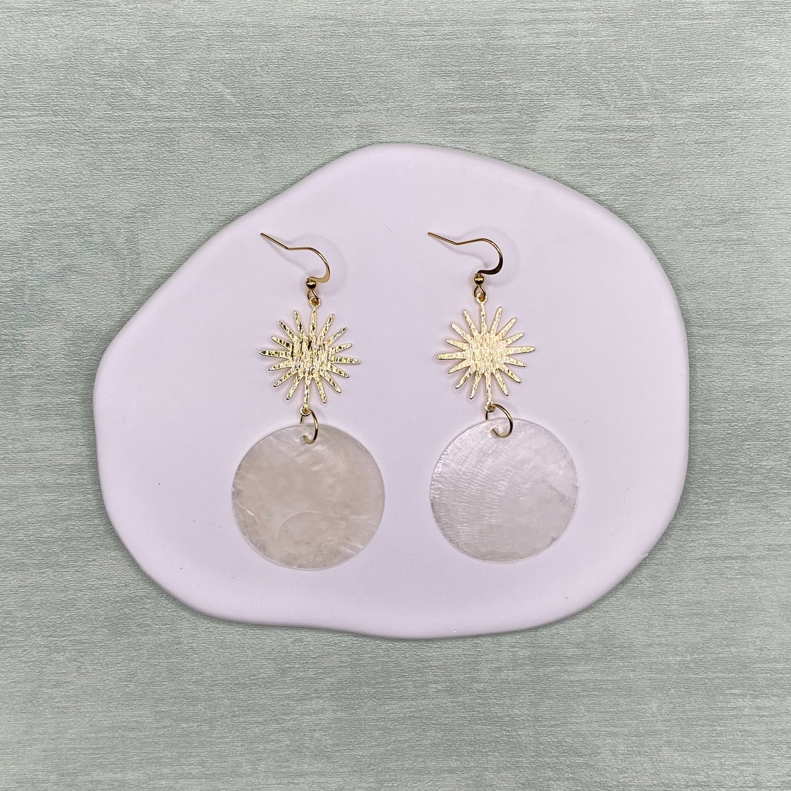 Capiz Shell Drop Earrings: 18K Gold Sun Connector, Lightweight - Etsy