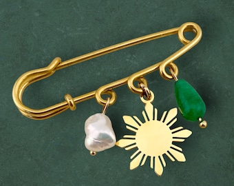Araw Safety Pin Brooch with Freshwater Pearl, Philippine Sun and Dark Green Jade Charms