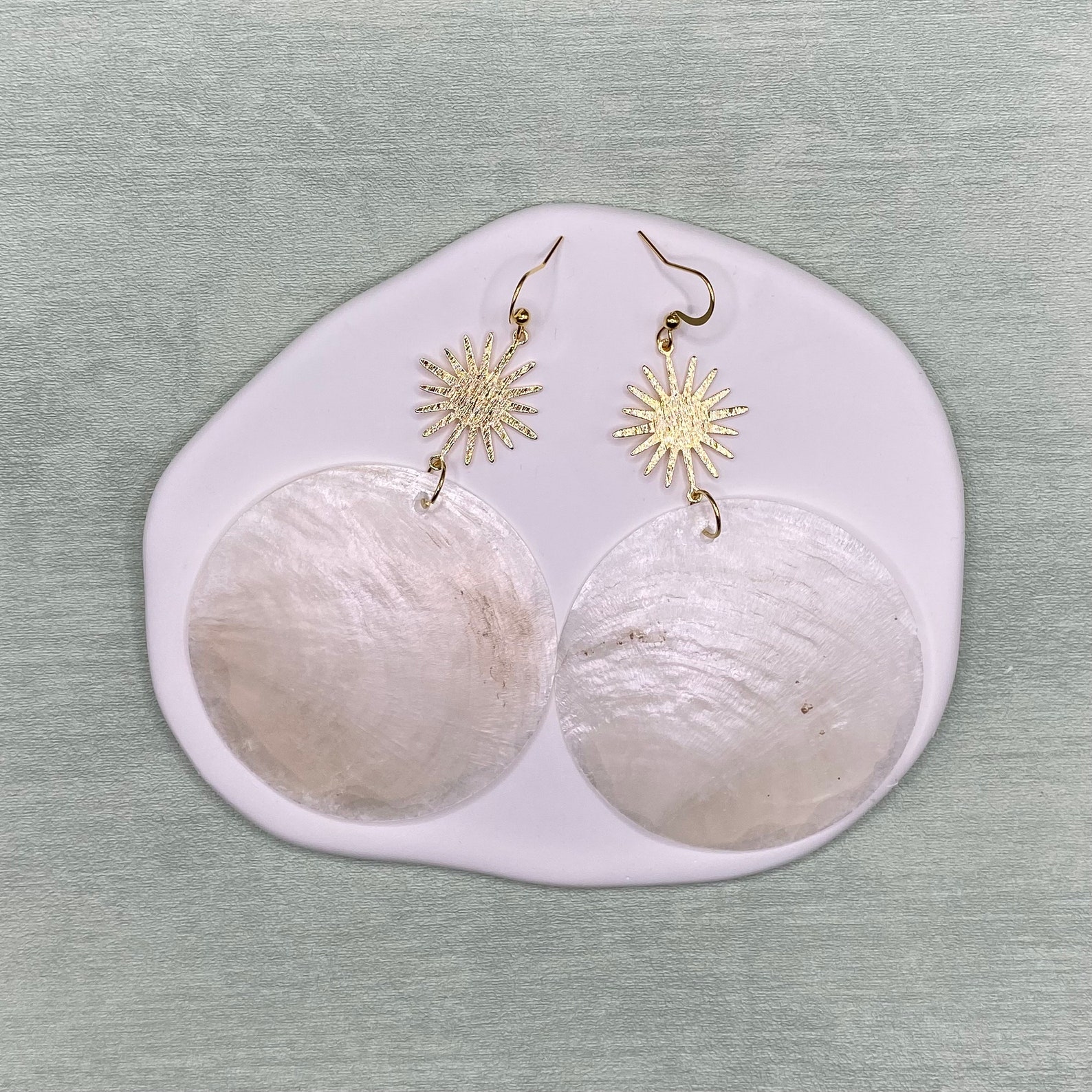 Capiz Shell Drop Earrings: 18K Gold Sun Connector, Lightweight - Etsy