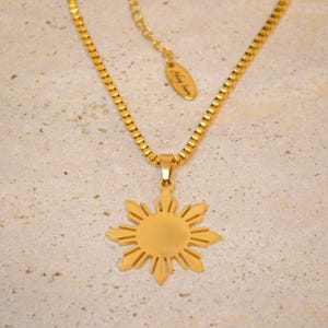 Araw Chunky Box Chain Necklace – Philippine Sun Pendant in 18K Gold Plated Stainless Steel