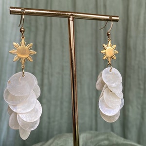 Philippine Sun Charm and Cascading Capiz Shell Earrings | 18K Gold Plated | Araw | Filipino | Bride | Wedding | Boho | Wearable Windchime