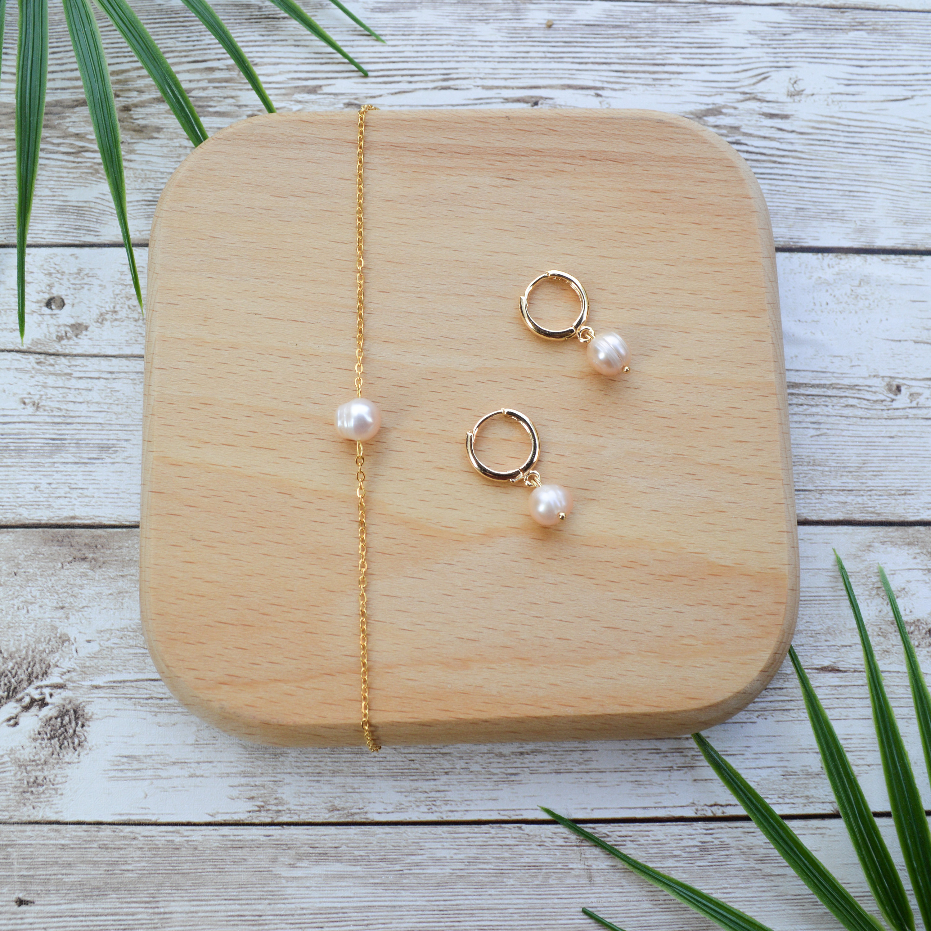 Peach Pearl Earrings and Bracelet Set: 18K Gold Plated Stainless Steel