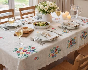 Handmade Linen Tablecloth and Napkin Set, Floral Embroidery, 7 pcs