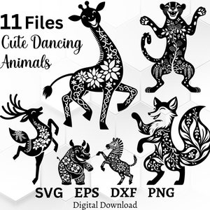 May include: Black and white digital art featuring six stylized dancing animals: a giraffe, leopard, deer, fox, rhino, and zebra. The animals are decorated with floral patterns. Text reads "11 Files Cute Dancing Animals" and file type icons.