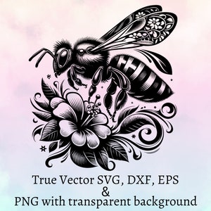 Puede incluir: Una ilustraci&oacute;n gr&aacute;fica en blanco y negro de una abeja sobrevolando una flor con alas detalladas y cuerpo a rayas. Debajo de la ilustraci&oacute;n, el texto dice: True Vector SVG, DXF, EPS & PNG with transparent background.