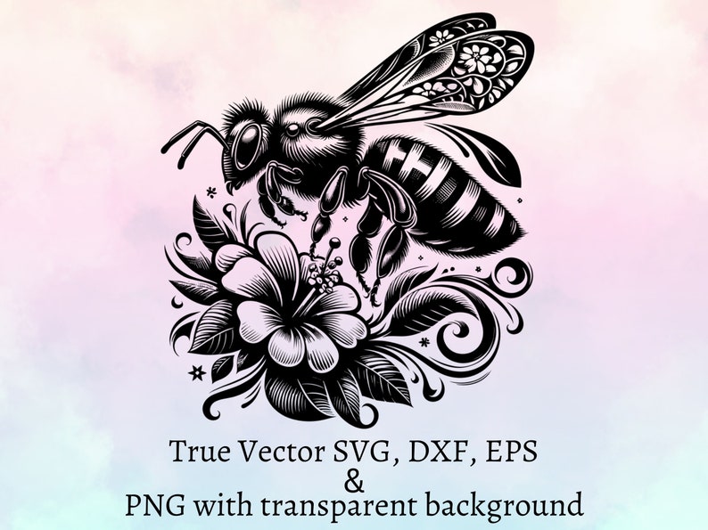 Puede incluir: Una ilustraci&oacute;n gr&aacute;fica en blanco y negro de una abeja sobrevolando una flor con alas detalladas y cuerpo a rayas. Debajo de la ilustraci&oacute;n, el texto dice: True Vector SVG, DXF, EPS & PNG with transparent background.