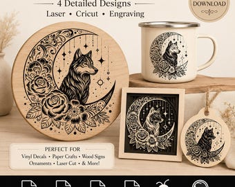 Paquete de archivos SVG de lobos: 4 diseños místicos de luna creciente y flores, archivo de corte bohemio.