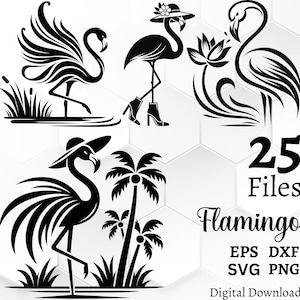 Lot de flamants roses fantaisie - dessins d'oiseaux tropicaux, parfaits pour la gravure ou la découpe, décoration de fête de plage, vecteurs de flamants roses à la mode