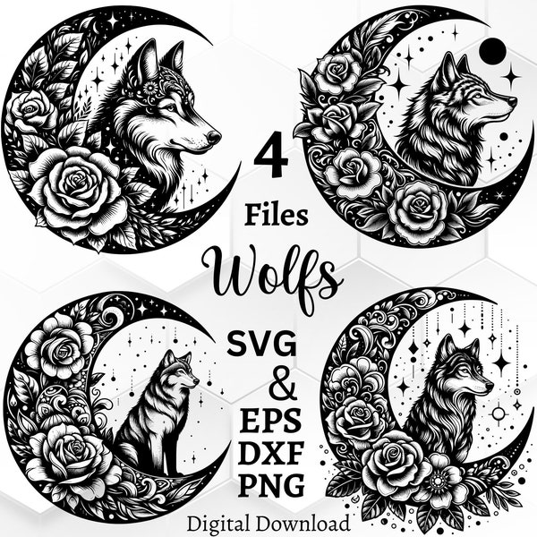 Mystischer Wolf mit Blumen SVG Bundle, Crescent Moon SVG: Perfekt für Lasercutten, Cricut oder jedes andere Handwerk. Kommerzielle Lizenz inbegriffen!