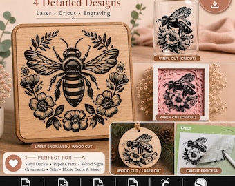 Paquete de archivos SVG de abejas: 4 diseños florales de abejas, archivo de corte de abejorro e imágenes prediseñadas.