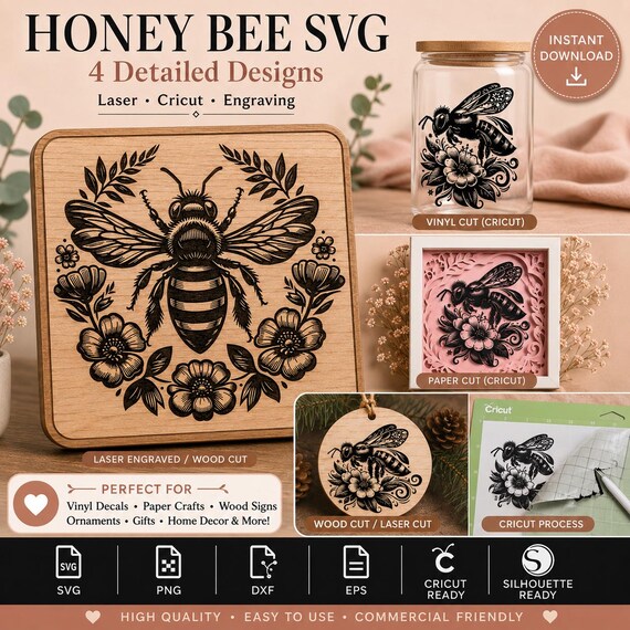 Bee SVG Bundle - 4 Floral Honey Bee Designs, Bumblebee Cut File & Clipart