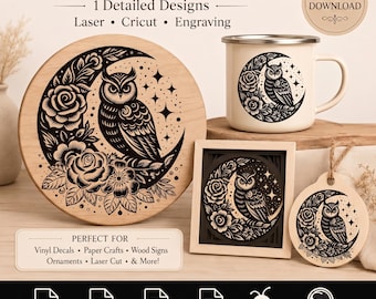 Búho SVG - Luna creciente, archivo de corte floral y clipart
