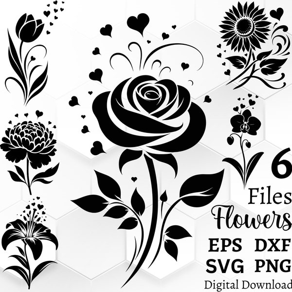 Floral Heart SVG Bundle for Cricut, Lasercut, Engraving - Lily, Orchid, Sunflower, Peony, Tulip, Rose - Craft & Decor - Free commercial use