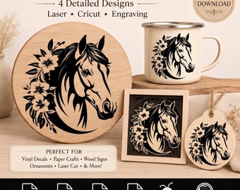 Paquete de archivos SVG de caballos: diseños florales y de coronas, archivo de corte para Cricut.