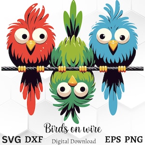 Bunte Vögel auf Draht SVG, wunderliche Vogel Clipart, süße Tier Illustration, lebendige digitale Kunst, spielerische Wohnkultur, Sofort Download
