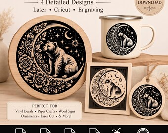 Paquete de archivos SVG de osos: luna creciente, diseños florales, archivo de corte para Cricut.