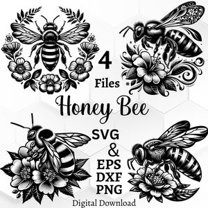 Bundle SVG abeille, fleur SVG : parfait pour la découpe laser, la découpe Cricut et tout autre objet créatif. Licence commerciale incluse !