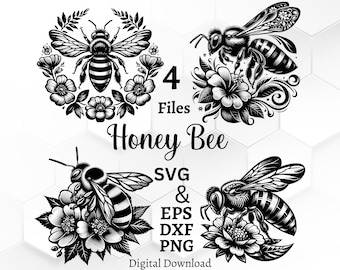 Op de afbeelding: Vier zwart-witte digitale downloadbestanden van honingbijen met bloemmotieven. De bestanden omvatten de formaten SVG, EPS, DXF en PNG. De tekst "Honey Bee" is geschreven in een decoratief lettertype.