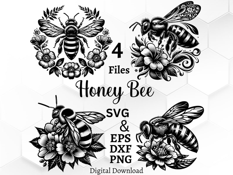 Puede incluir: Una colecci&oacute;n de cuatro ilustraciones digitales en blanco y negro con abejas y elementos florales. El texto dice 4 Files, Honey Bee, SVG & EPS DXF PNG y Digital Download. Cada dise&ntilde;o muestra una abeja interactuando con flores.