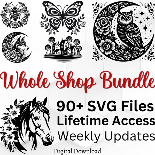 Whole Shop Mega Bundle SVG: Bee, Horse, Unicorn, Butterfly, Fox, Wolf, Sloth, Owl, Eagle, Reindeer, and lots more - Free Commercial Use