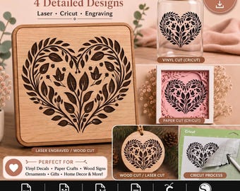 Paquete de archivos SVG de corazones - Diseños florales, Silhouette, archivo de corte para Cricut