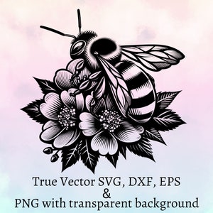 Puede incluir: Una ilustraci&oacute;n gr&aacute;fica en blanco y negro de un abejorro descansando sobre un grupo de flores con hojas. Debajo de la ilustraci&oacute;n, el texto dice: True Vector SVG, DXF, EPS & PNG with transparent background.
