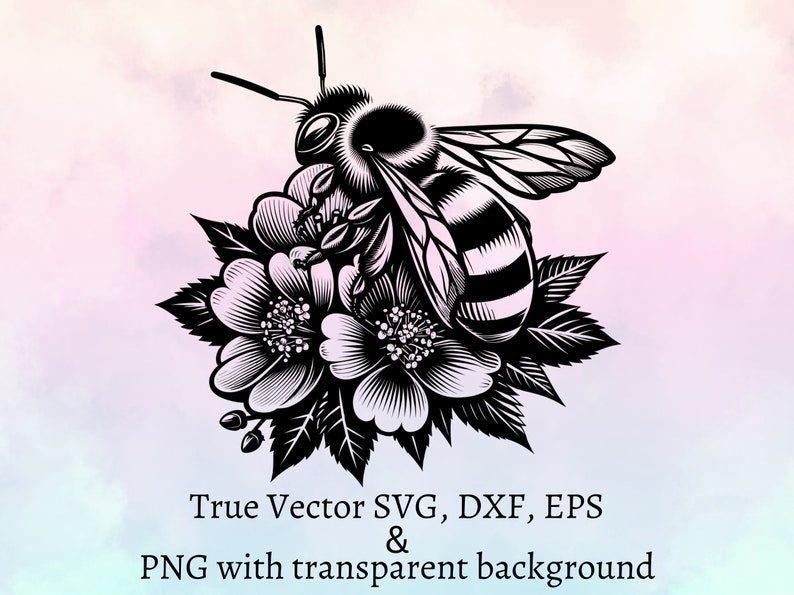Puede incluir: Una ilustraci&oacute;n gr&aacute;fica en blanco y negro de un abejorro descansando sobre un grupo de flores con hojas. Debajo de la ilustraci&oacute;n, el texto dice: True Vector SVG, DXF, EPS & PNG with transparent background.