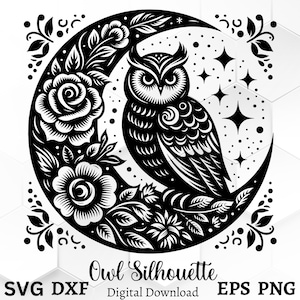 Búho encantador SVG sobre media luna floral: perfecto para corte por láser, Cricut y cualquier otra manualidad. ¡Licencia comercial incluida!