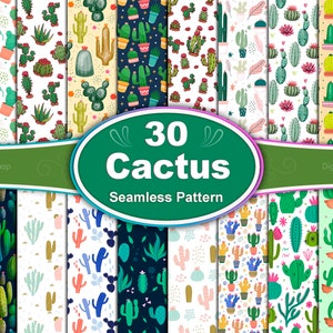 Cactus Seamless Pattern Bundle: 30 Digital Prints (EPS, JPG)