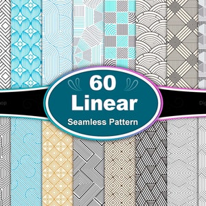 Puede incluir: Un conjunto de 60 patrones digitales sin costuras que presentan diseños geométricos lineales en blanco y negro, azul y dorado. Los patrones están dispuestos en una cuadrícula con el texto "60 Linear Seamless Pattern" en un círculo turquesa.