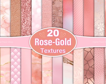 May include: A collection of 20 digital paper textures in rose gold and pink colours. The textures include marble, leather, glitter, polka dots, and more.