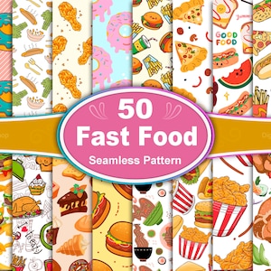 Motivo senza soluzione di continuità per fast food, Motivo per fast food, Carta digitale per fast food, Motivo con scarabocchi di cibo, Sfondo per fast food, Carta per fast food