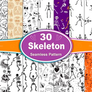 May include: A set of 30 digital paper patterns featuring skeletons in various poses and designs. The patterns are black and white and include skulls, bones, and the word "BOO!" The patterns are ideal for Halloween crafts and projects.