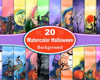 Watercolor Halloween Backgrounds: Spooky Landscape Digital Paper (3600x3600 px)