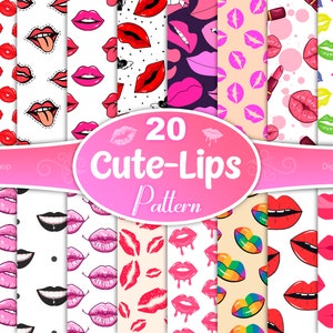 May include: 20 digital paper patterns featuring various cute lip designs. The patterns include red, pink, and rainbow lips with different expressions and styles. The text "20 Cute-Lips Pattern" is displayed in a pink circle.