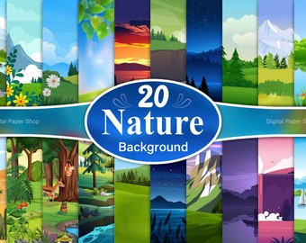 Puede incluir: Un conjunto de 20 fondos digitales de naturaleza con varios paisajes, incluyendo bosques, montañas, ríos y puestas de sol. Los fondos son perfectos para crear arte digital, scrapbooking y otros proyectos creativos. Tienda de papel digital.