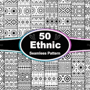 Könnte beinhalten: Ein Set mit 50 schwarzen und weißen ethnischen nahtlosen Mustern. Die Muster sind geometrisch und abstrakt und in einem Raster angeordnet. Der Text "50 Ethnic Seamless Pattern" befindet sich in der Mitte des Bildes.