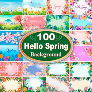 Może przedstawiać: Kolekcja 100 kolorowych wiosennych tła z kwiatami, motylami i tekstem "Hello Spring".