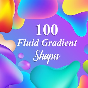 May include: A collection of 100 fluid gradient shapes in various colors, including purple, blue, green, yellow, orange, and pink. The shapes are abstract and organic, resembling liquid or flowing forms.