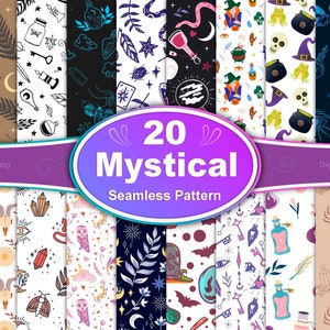 Puede incluir: Un conjunto de 20 patrones digitales sin costuras con temas místicos y ocultos. Los patrones incluyen ilustraciones de lunas, estrellas, cristales, pociones, calaveras, ojos y otros elementos mágicos. Los patrones son de varios colores, incluyendo negro, blanco, morado, rosa, azul y verde.