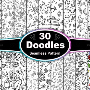 Puede incluir: Un conjunto de 30 patrones sin costuras en blanco y negro. Los patrones presentan varios diseños, incluidos animales, comida y plantas. El texto "30 Doodles Seamless Pattern" se muestra en un óvalo negro con fondo blanco.