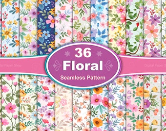 May include: A collection of 36 floral seamless patterns in various colors, including pink, yellow, blue, and purple. The patterns feature different floral designs and are displayed on a white background. The image includes text that reads "36 Floral Seamless Pattern."